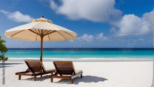 beach chairs and umbrella on the beautiful dreamy beach, AI generated © Kim