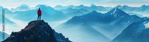 An ambitious explorer standing atop a mountain, looking at distant peaks symbolizing new market targets