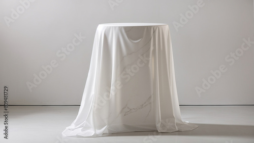 A round table is covered with a white cloth.   © Muzamil