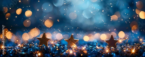 An array of starshaped bokeh lights twinkling on a dark blue background photo