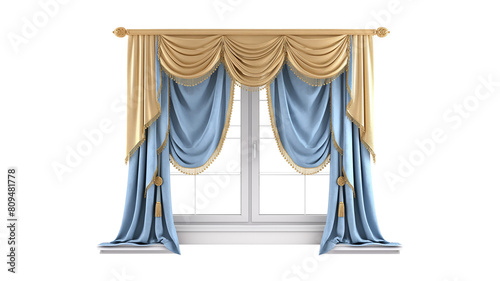 Elegant Window with Blue and Gold Curtains isolated on a transparent background