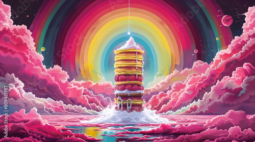 Stapel Pfannkuchen in den Himmel / Pancake Fantasie Design / Eierkuchen Retro Wolken Regenbogen Poster / Ai-Ki generiert photo