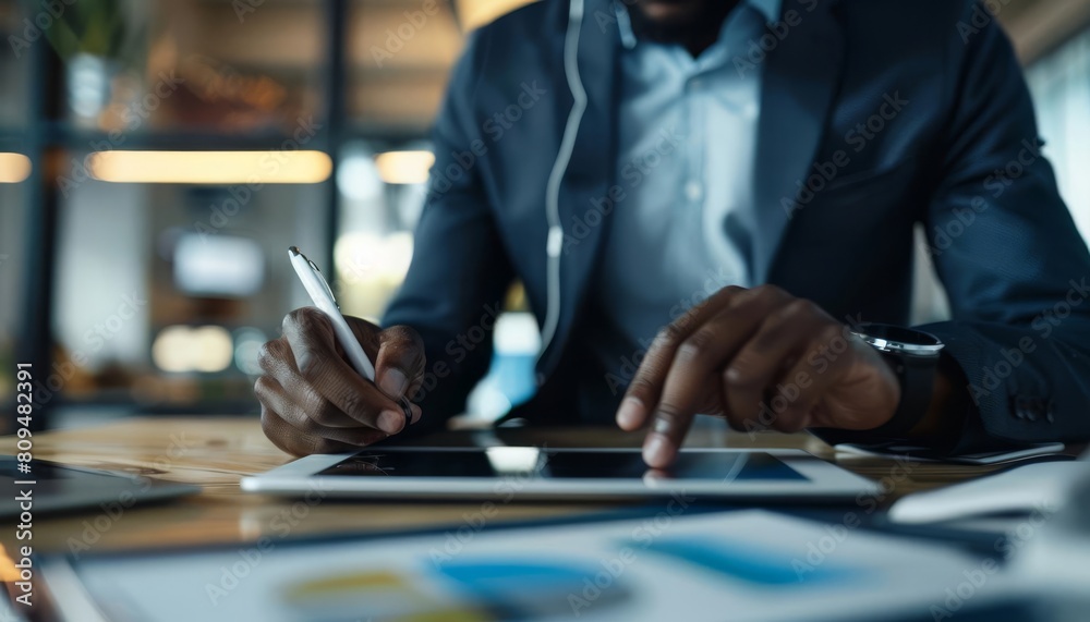 An executive making notes on a digital tablet while listening to a market research podcast through wireless earbuds An executive making notes on a digital tablet while listening to a market research podcast through wireless earbuds