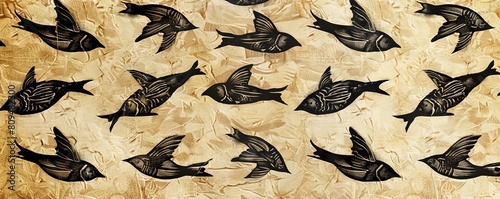 An Escherlike pattern of birds and fish, each tessellated into repeating shapes photo