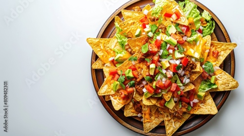 Wallpaper Mural Mexican nachos served on a wooden platter set against a plain white backdrop View from above Torontodigital.ca