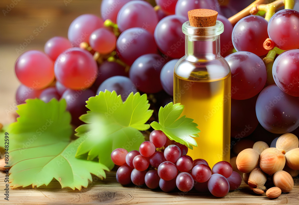Fototapeta premium A bunch of purple grapes and a bottle of grape seed oil on a wooden table
