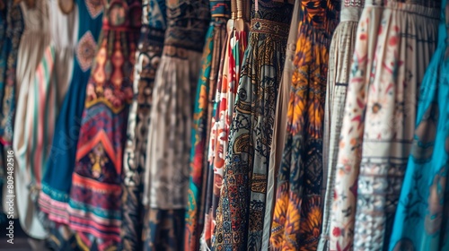 A line of bohemian maxi skirts hanging on a rack, each with unique patterns and textures