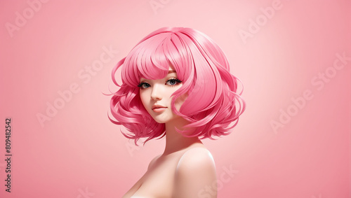 A young woman with pink hair and blue eyes is shown from the shoulders up against a pink background.