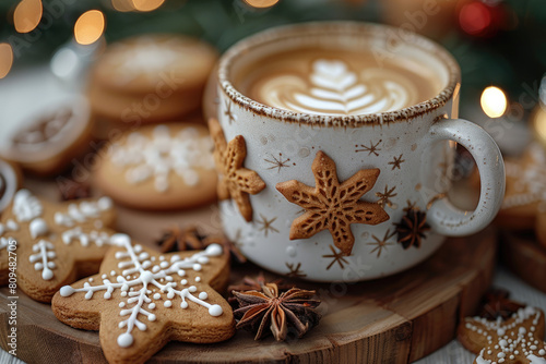 A cup of hot latte coffee with snowflake shaped cookies around, surrounded by cinnamon and pine branches, creating an atmosphere full of Christmas decorations. Created with Ai