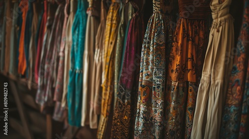 A line of bohemian maxi skirts hanging on a rack, each with unique patterns and textures