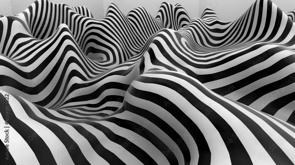 An op art pattern where wavy lines appear to undulate across the surface in grayscale