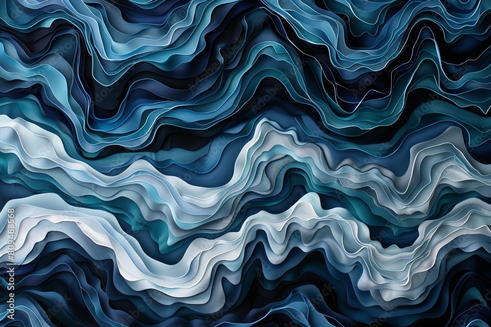 Fototapeta premium An organic, flowing pattern of layered waves in shades of navy, cobalt, and aquamarine, evoking a sense of ocean currents