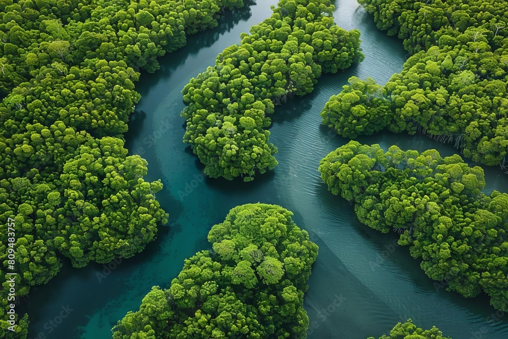 Naklejka premium An overhead view of a mangrove forest with trees growing in dense patterns around tidal channels