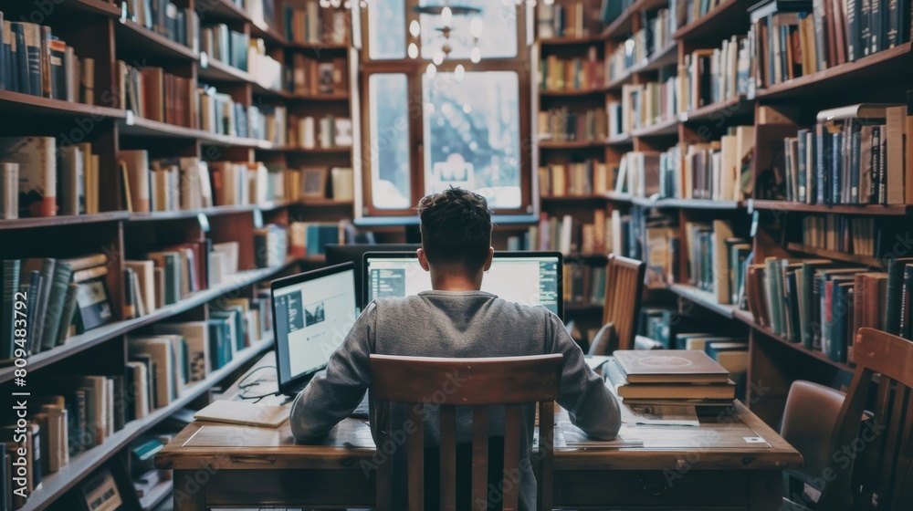 Freelancer editing videos in a quaint bookshop, surrounded bookshelves Freelancer editing videos in a quaint bookshop, surrounded bookshelves