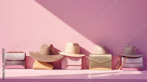 A lineup of sophisticated evening clutches in shimmering metallic shades, accompanied by strappy sandals and a glamorous wide-brimmed hat, against a blush pink canvas photo