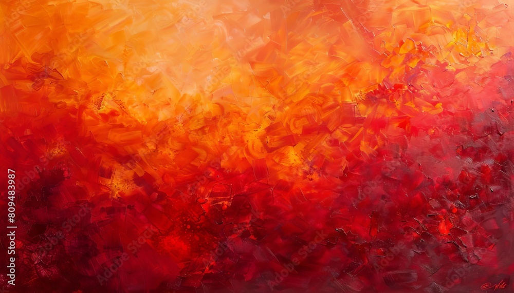 Bold scarlet and ruby red blended with orange, creating a textured explosion of firelike color Bold scarlet and ruby red blended with orange, creating a textured explosion of firelike color
