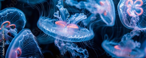 An underwater shot of jellyfish tentacles forming delicate lacelike patterns