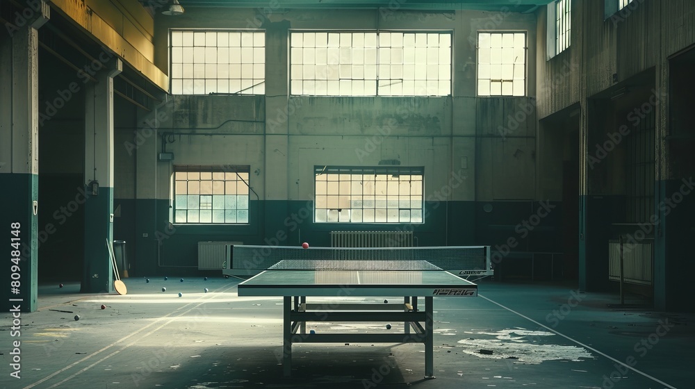 Fototapeta premium In a sports hall, a ping pong table, rackets, and balls are set up for play.