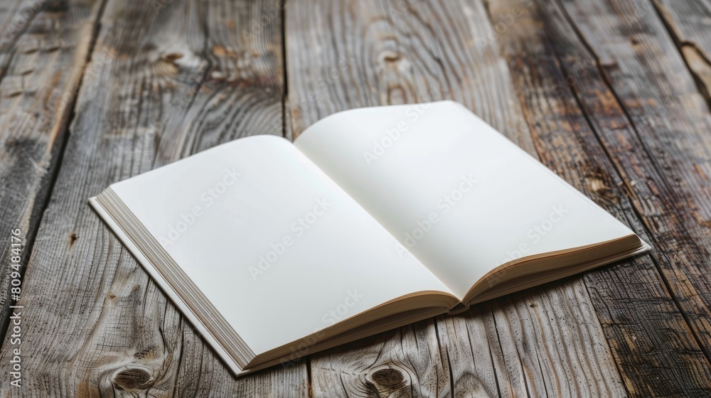 Fototapeta premium White notebook opened on a table made of wood