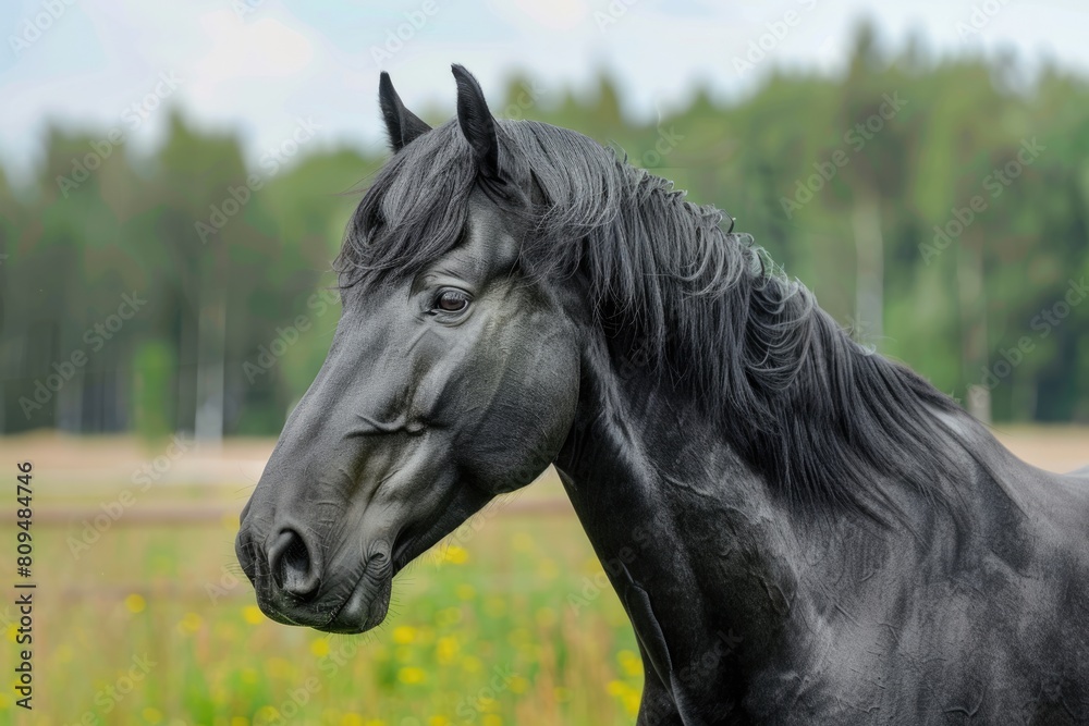 Black Percheron Gelding Horse Portrait on Summer Pasture - Beautiful and Majestic Draught Horse Black Percheron Gelding Horse Portrait on Summer Pasture - Beautiful and Majestic Draught Horse