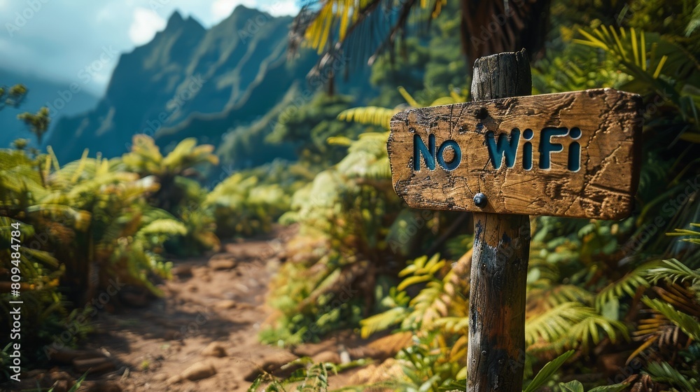 No wifi sign amidst tropical jungle pathway No wifi sign amidst tropical jungle pathway