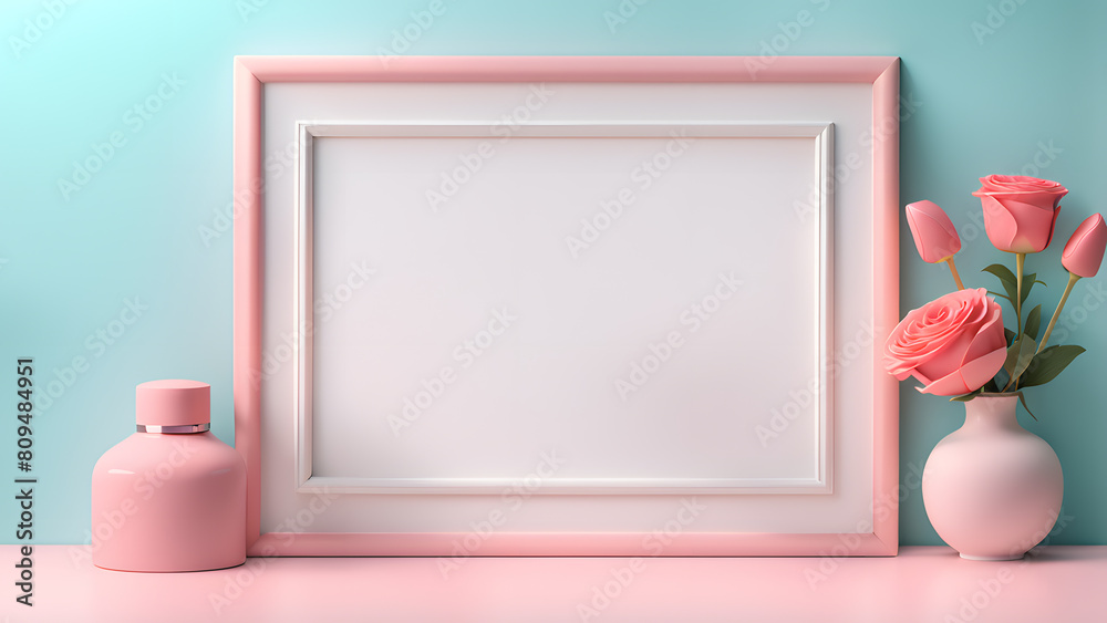 a picture frame with a vase of flowers and a bottle of perfume a picture frame with a vase of flowers and a bottle of perfume