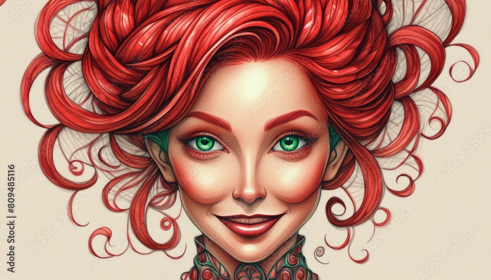Young woman with striking red hair in elegant updo, mysterious green eyes, and a faint