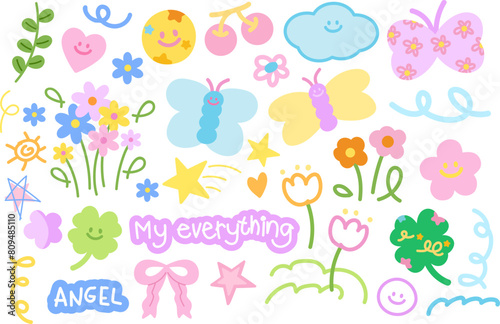 Doodle illustration of blossoms such as flowers, butterfly, clover leaf, sun, cherry, pink ribbon, ANGEL letters for spring, summer, picnic, stickers, logo, icon, font, floral print, nature, garden