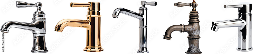 Assorted Faucet Set Featuring Contemporary and Vintage Designs in Various Shapes, Colors, and Sizes - High-Quality Transparent PNG Collection