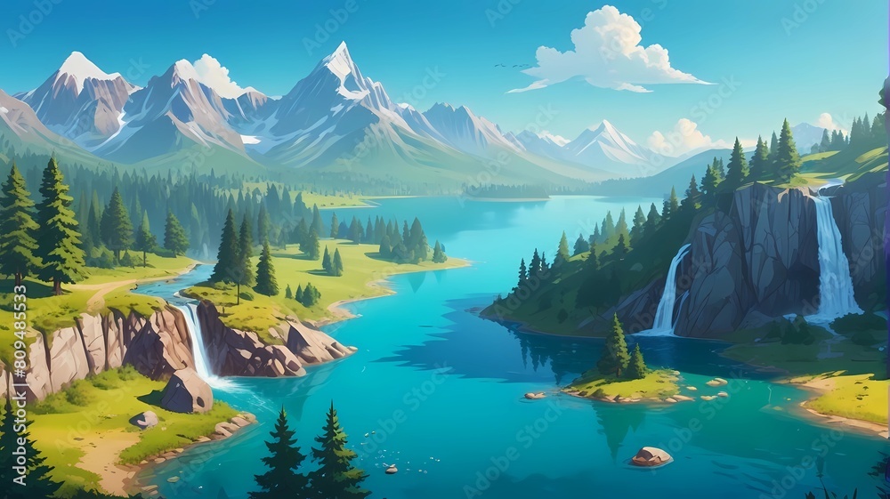 Beautiful panorama with mountain and river, cartoon or anime style	