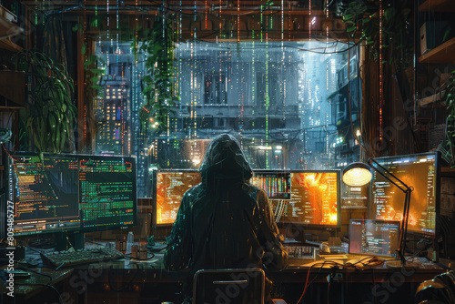 A hacker in the hood is sitting at his desk, facing many computer screens with green numbers and code on them. Created with Ai