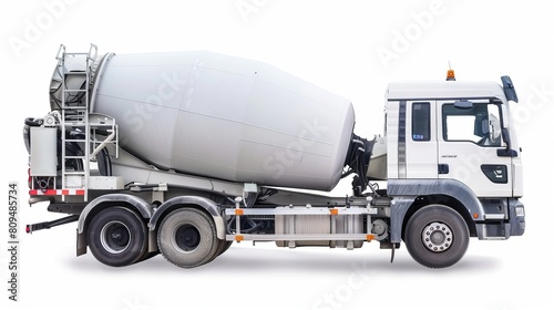 The new white building lorry, equipped with a concrete mixer, is depicted on a white background, isolated.