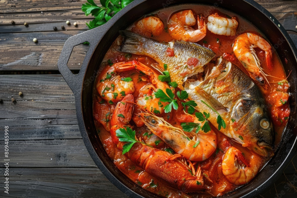 Cioppino Seafood Stew. A Delicious Combination of Fish, Prawns, and Shrimp in a Modern Cast-Iron Cioppino Seafood Stew. A Delicious Combination of Fish, Prawns, and Shrimp in a Modern Cast-Iron