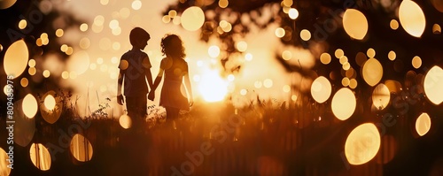 The silhouette of a couple holding hands at sunset, surrounded by warmtoned bokeh lights photo