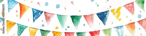 Aquarela Illustration of Cute Party Flags with Gaudy Garnishments. Festive Design Element Painted photo