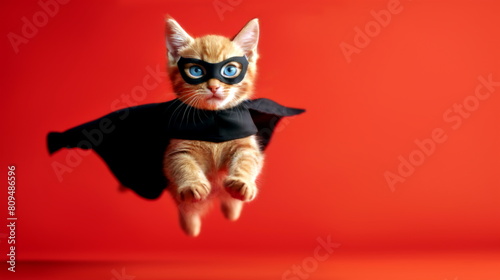 Superhero cat flying on red background. Orange tabby kitten with blue eyes in black cloak and mask. Studio photo of a funny super cat in cape with copy space for text. Concept for vet clinic, cat food