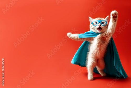 Happy and excited cat superhero. Super cat in blue cape and glasses on red background with copy space for text. For banner, ad, billboard. Concept for vet clinic, pet food, success, victory