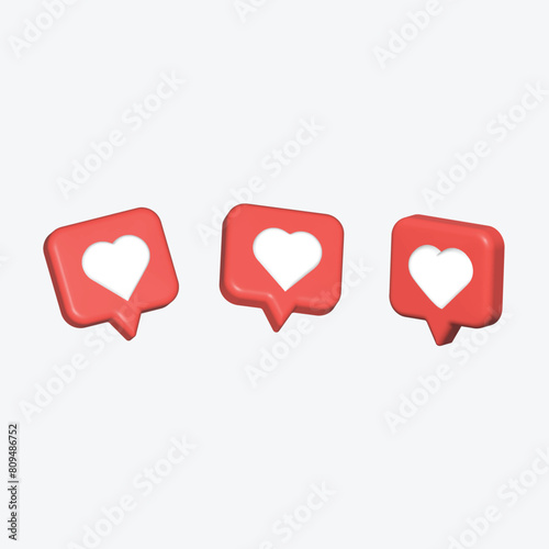 3d Heart textbox, heart icon, love social media notification, love icon for social media on the chat box. Set Like heart icon on a red pin. Set of heart in speech bubble icon. 3d vector illustration