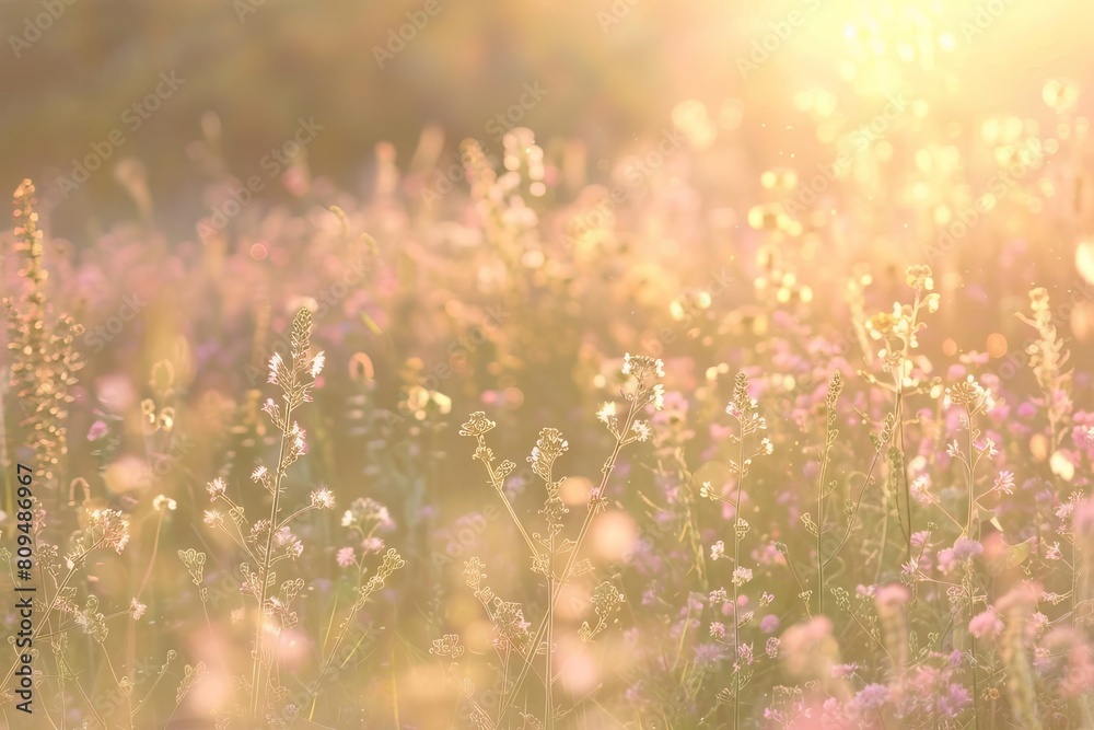 A blurred field of wildflowers in pastel hues, representing a summer meadow bathed in sunlight