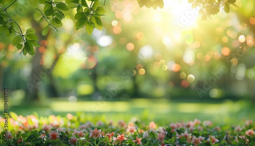 A blurred background of a park with blooming flowers and the sun creating soft bokeh through the trees