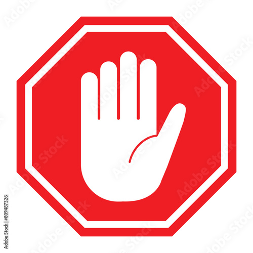 Simple red stop roadsign with big hand symbol or icon vector illustration