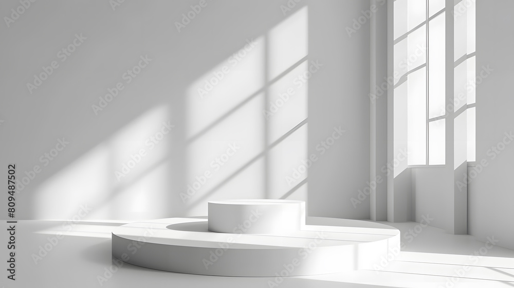 White round product display stand with window shadow and sunlight on white background. Stage showcase for products, sales, presentations. Vector 3D illustration. White round product display stand with window shadow and sunlight on white background. Stage showcase for products, sales, presentations. Vector 3D illustration.