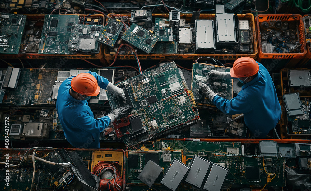 Electronic waste sorting center. Focus on workers disassembling parts ...