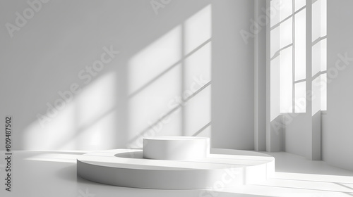 White round product display stand with window shadow and sunlight on white background. Stage showcase for products, sales, presentations. Vector 3D illustration.