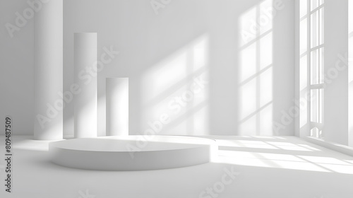 White round product display stand with window shadow and sunlight on white background. Stage showcase for products, sales, presentations. Vector 3D illustration.