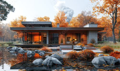  A modern cabin with glass windows, surrounded by mountains and trees displaying autumn colors. Created with Ai
