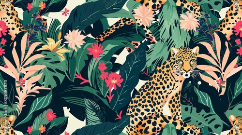 This modern exotic jungle illustration pattern features leopards, creating a creative collage with contemporary floral elements. It serves as a fashionable template for design.