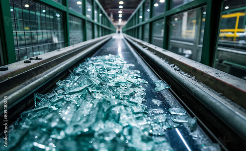 Interior of a glass recycling facility. Focus on the conveyor belts carrying broken glass shards.