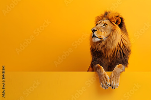 A lion image sits against a yellow background. Advertising banner design for a film, carnival or zoo.