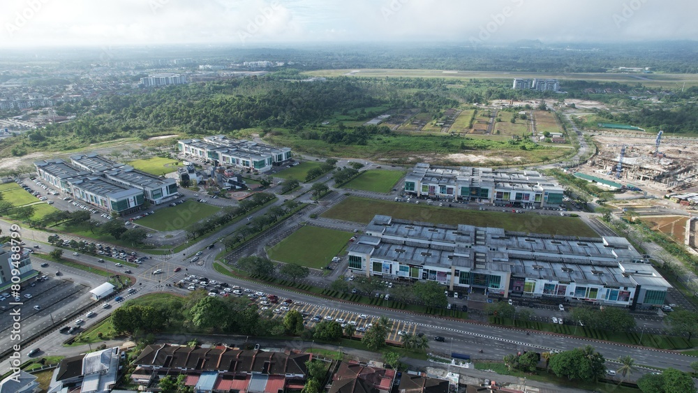 Kuching, Malaysia - May 9 2024: Aerial View of Galacity, Emporium and Saradise Commercial Centres